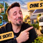 Reolink OMVI 2i Ultra mit Solarpanel an einer Hauswand, davor ein Mann, der auf die Kamera zeigt; dazu die Einblendungen "Ohne Strom" und "Volle Sicht" sowie drei Beispielaufnahmen der Kamera